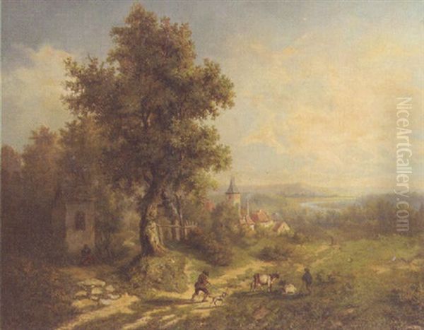 A Rhenish Landscape With A Huntsman On A Forest Track, A Herdsman Tending Cattle And A Woman By A Small Chapel, A Village In The Distance Oil Painting by Johann Bernard Klombeck