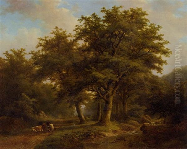 A Herdsman And Cattle On A Forest Path Oil Painting by Johann Bernard Klombeck