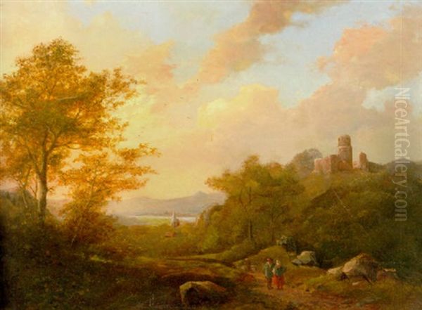 Panoramic Landscape With Figures Near A Ruin Oil Painting by Johann Bernard Klombeck