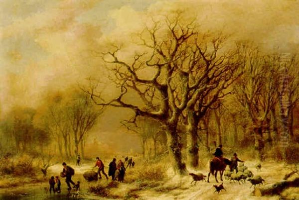 Frozen Winter Landscape Oil Painting by Johann Bernard Klombeck