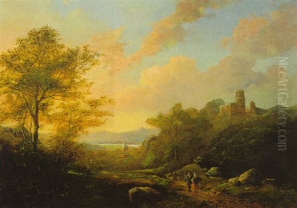 Landschaft Am Flusufer Mit Burgruine Und Figurlicher Staffage Oil Painting by Johann Bernard Klombeck