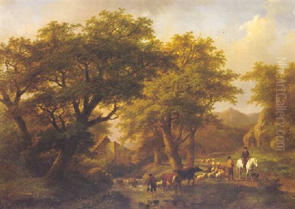 Crossing The Ford Oil Painting by Johann Bernard Klombeck