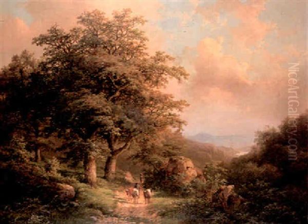 Cattle And Drover On A Wooded Path Oil Painting by Johann Bernard Klombeck