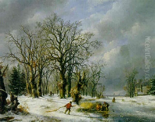 A Frozen Winter Landscape Oil Painting by Johann Bernard Klombeck