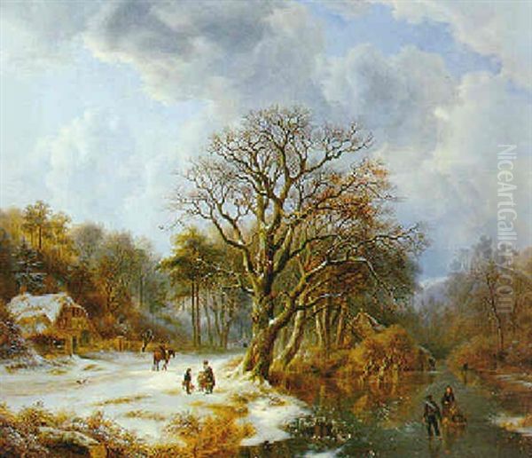 A Winter Landscape With Skaters Oil Painting by Johann Bernard Klombeck