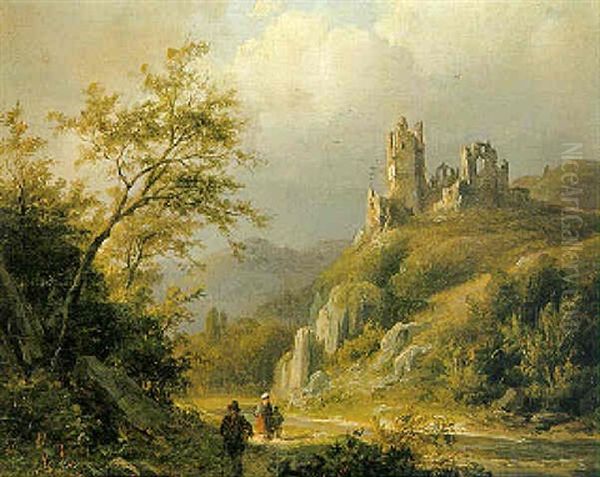 Travellers Near A Ruin In A Mountainous Landscape Oil Painting by Johann Bernard Klombeck