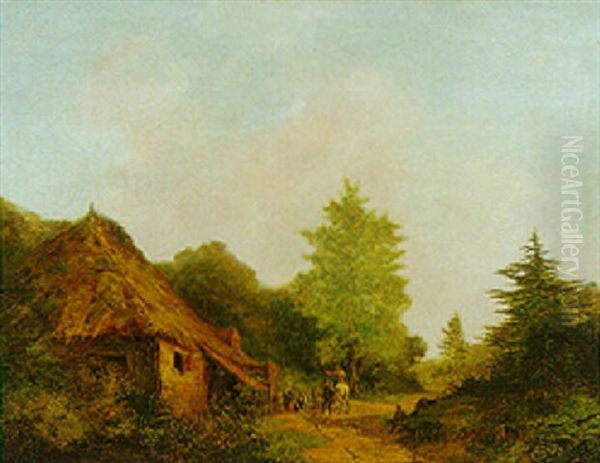 A Forest Landscape With Travellers Outside A Barn Oil Painting by Johann Bernard Klombeck