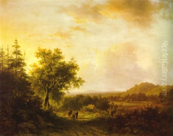 A Landscape At Sunset With Peasant And A Figure On Horseback In The Foreground Oil Painting by Johann Bernard Klombeck