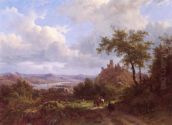 An Extensive Summer River Landscape With Travellers Oil Painting by Johann Bernard Klombeck