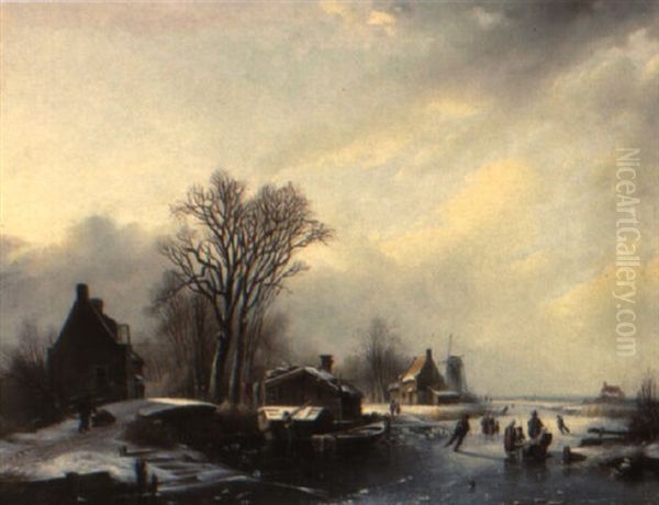 A Winter Landscape With Figures And A Sledge On A Frozen River Oil Painting by Johann Bernard Klombeck