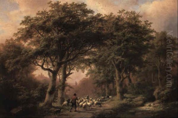 A Shepherd With His Flock On A Wooded Track Oil Painting by Johann Bernard Klombeck