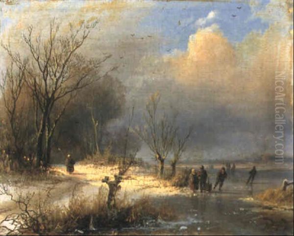 A Wooded River Landscape With Skaters On A Frozen River Oil Painting by Johann Bernard Klombeck