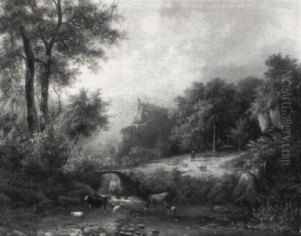 Wooded Hilly Landscape With A Herdsman And Cattle Fording A Stream Oil Painting by Johann Bernard Klombeck