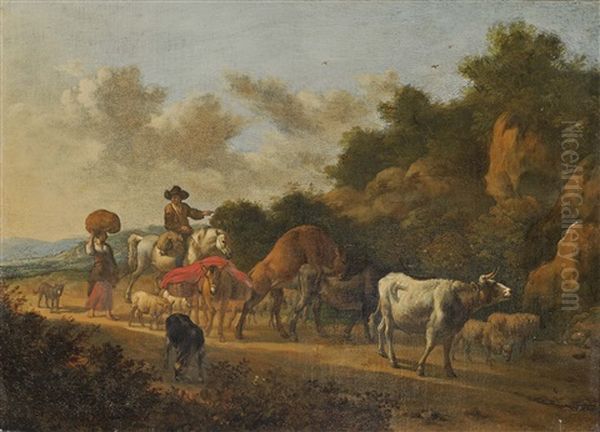 Farmers With Cattle Oil Painting by Albert Jansz Klomp