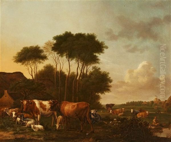 Meadow Landscape With Cattle And A Fisherman Oil Painting by Albert Jansz Klomp