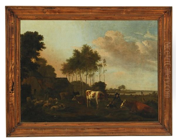 Canal Landscape With Grazing Cattle Oil Painting by Albert Jansz Klomp