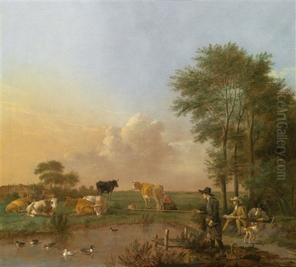 Eine Teichlandschaft Mit Einem Zeichner, Einem Angler Und Weidendem Vieh Oil Painting by Albert Jansz Klomp