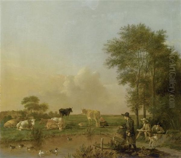 Flusslandschaft Mit Kuhen, Einem Angler Und Einem Zeichner Oil Painting by Albert Jansz Klomp