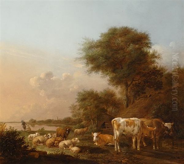 Resting Cattle By The Water Oil Painting by Albert Jansz Klomp