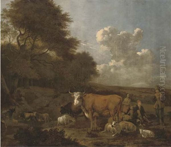 An Extensive Wooded Landscape With Herdsmen On A Track Oil Painting by Albert Jansz Klomp