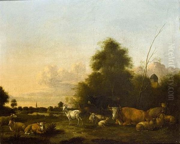 A Landscape With Cattle, Sheep And Goats In The Foreground, A Village Beyond Oil Painting by Albert Jansz Klomp