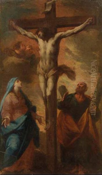 Cristo Crocifisso Tra La Vergine E San Giovanni Evangelista Oil Painting by Giuseppe Bazzani