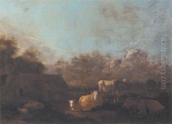 A Pastoral Landscape With Cattle Before A Barn Oil Painting by Albert Jansz Klomp