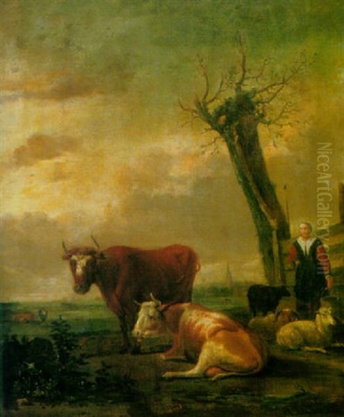 A Milkmaid Tending Her Livestock In A Meadow, A Village Beyond Oil Painting by Albert Jansz Klomp