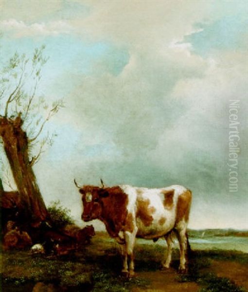 A Bull In A Meadow With Goats By A Tree Oil Painting by Albert Jansz Klomp