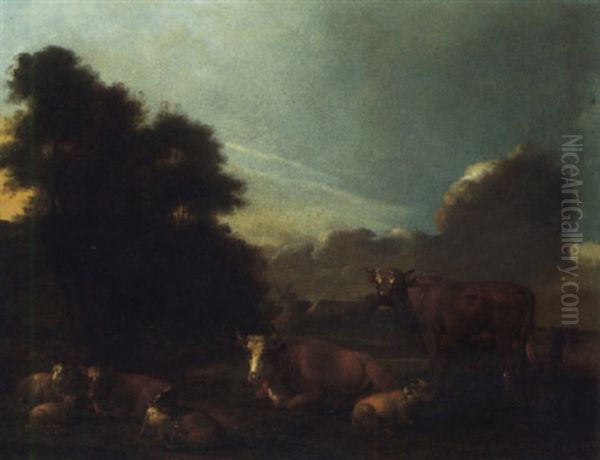 A Landscape With Cattle, Sheep And Goats In The Foreground, A Village Beyond Oil Painting by Albert Jansz Klomp