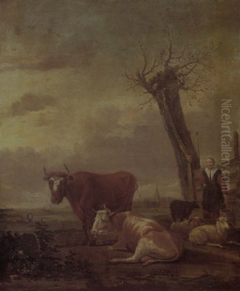 A Milkmaid Tending Her Livestock In A Meadow, A Village Beyond Oil Painting by Albert Jansz Klomp