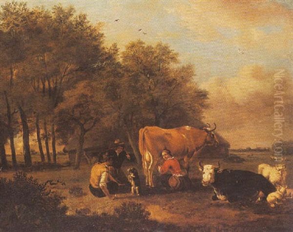 Cattle In A Meadow With A Maid Milking A Cow And Two Boys Training A Dog Oil Painting by Albert Jansz Klomp