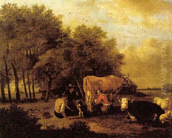 Cattle In A Meadow With A Maid Milking A Cow And Two Boys Training A Dog Oil Painting by Albert Jansz Klomp