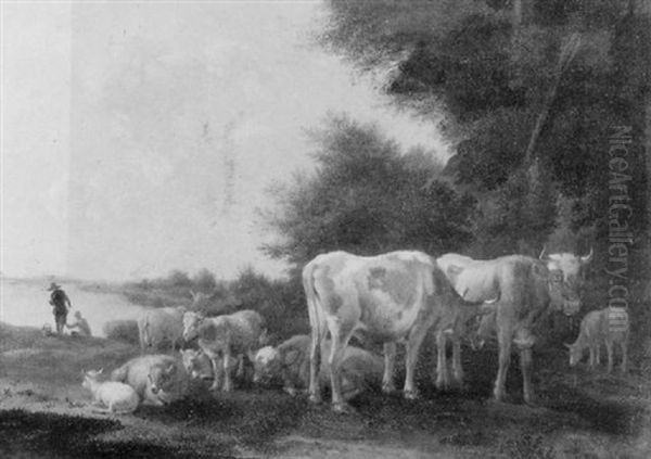 A Wooded Landscape With Cattle And Sheep In A Meadow And Two Figures Beside A River Beyond Oil Painting by Albert Jansz Klomp