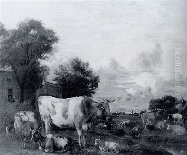 Vee Met Een Melkend Meisje Op De Achtergrond Oil Painting by Albert Jansz Klomp