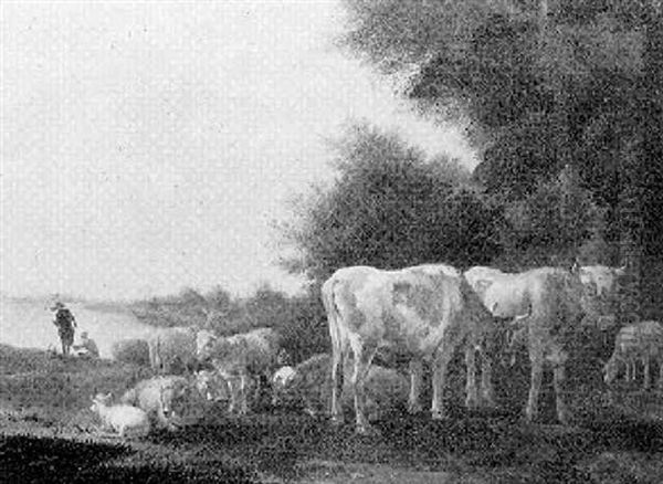 Wooded Landscape With Cattle And Sheep In A Meadow Oil Painting by Albert Jansz Klomp