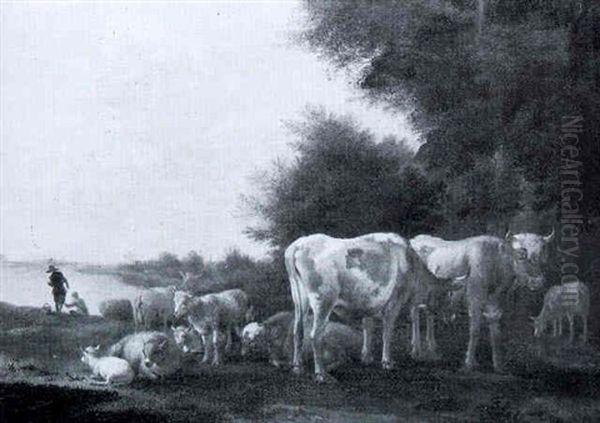 A Wooded Landscape With Cattle And Sheep  In A Meadow Oil Painting by Albert Jansz Klomp