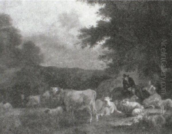 Landscape With A Drover And A Shepherdess Conversing Beneath A Tree Oil Painting by Albert Jansz Klomp