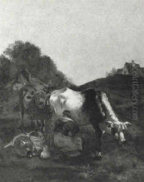 Milkmaid And Two Cows In Pasture Oil Painting by Albert Jansz Klomp