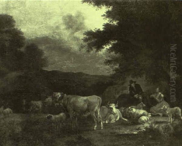 Landscape With A Drover And A Shepherdess Conversing Beneath A Tree Oil Painting by Albert Jansz Klomp