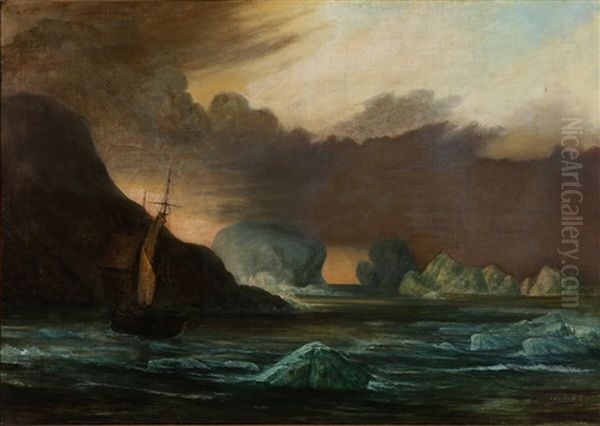 A Sailing Ship Near The Coast Surrounded By Icebergs Oil Painting by Frederik Theodor Kloss