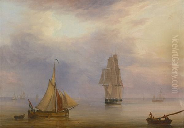 Danischer Dreimaster Auf Dem Wasser Im Abendrot, Im Vordergrund Links Ein Kleines Hollandisches Schiff Oil Painting by Frederik Theodor Kloss