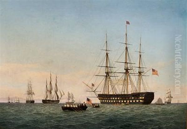 Seascape With American Ships Of The Line Oil Painting by Frederik Theodor Kloss