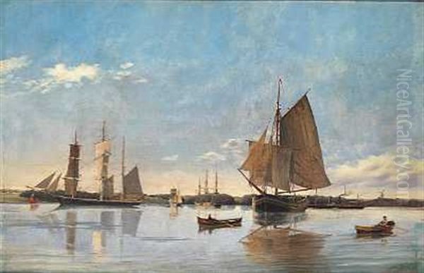 Et Parti I Sundet Med Corvetten "najaden", Diset Morgen Oil Painting by Frederik Theodor Kloss