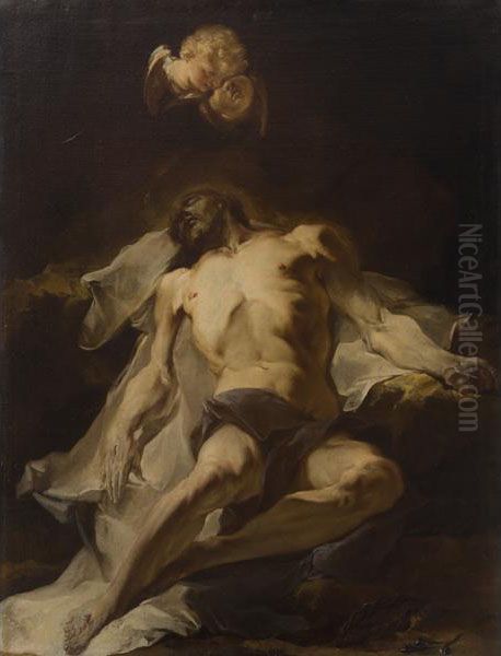 Cristo Pianto Dagli Angeli Oil Painting by Giuseppe Bazzani