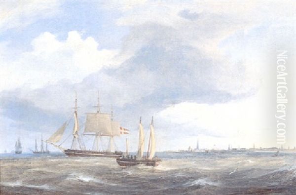 Marine, Talrige Skibe Pa Havet Udfor Kobenhavn Oil Painting by Frederik Theodor Kloss