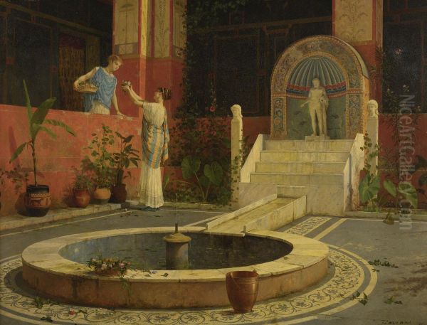 Picking Flowers From The Courtyard Oil Painting by Luigi Bazzani