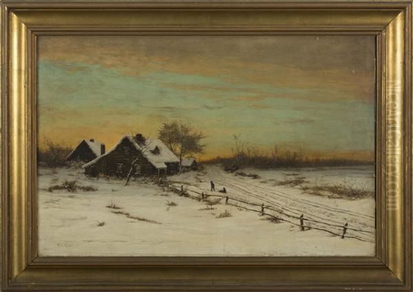 Winter Landscape With Cabin At Sunset Oil Painting by Robert Kluth