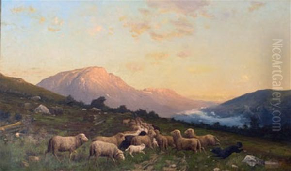 Sheep In Mountainous Landscape Oil Painting by Robert Kluth