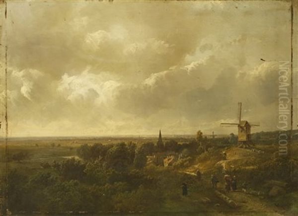 A Panoramic Landscape With Figures On A Path Near A Windmill And A Village Oil Painting by Pieter Lodewijk Francisco Kluyver